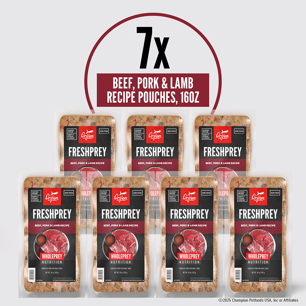 ORIJEN FRESHPREY Frozen Dog Food – 100% Human Grade, Gently Steam Cooked, Thaw and Serve - 85% Animal Ingredients* – Beef, Pork & Lamb Recipe – Complete Food for Adult Dogs