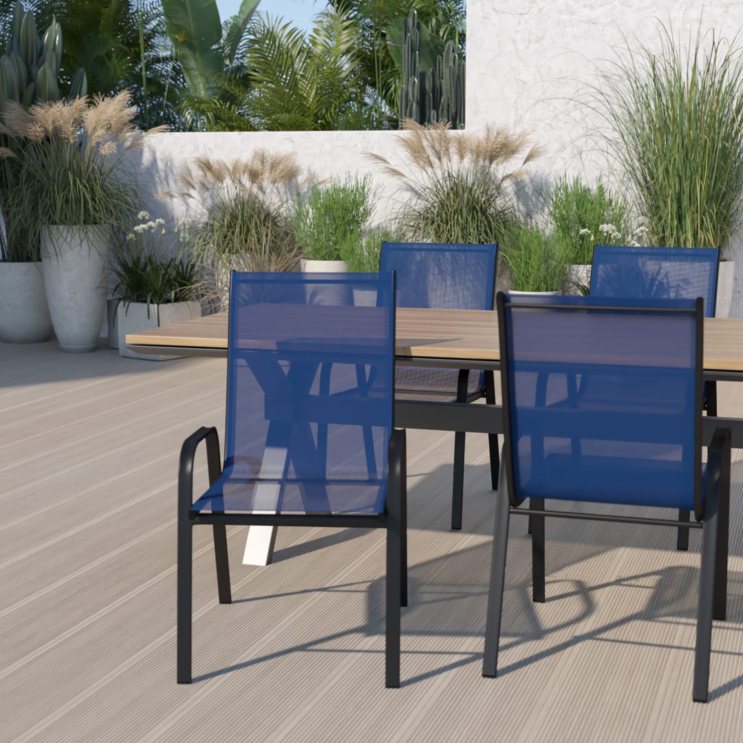 Brazos Series Navy Outdoor Stack Chair with Flex Comfort Material and Metal Frame