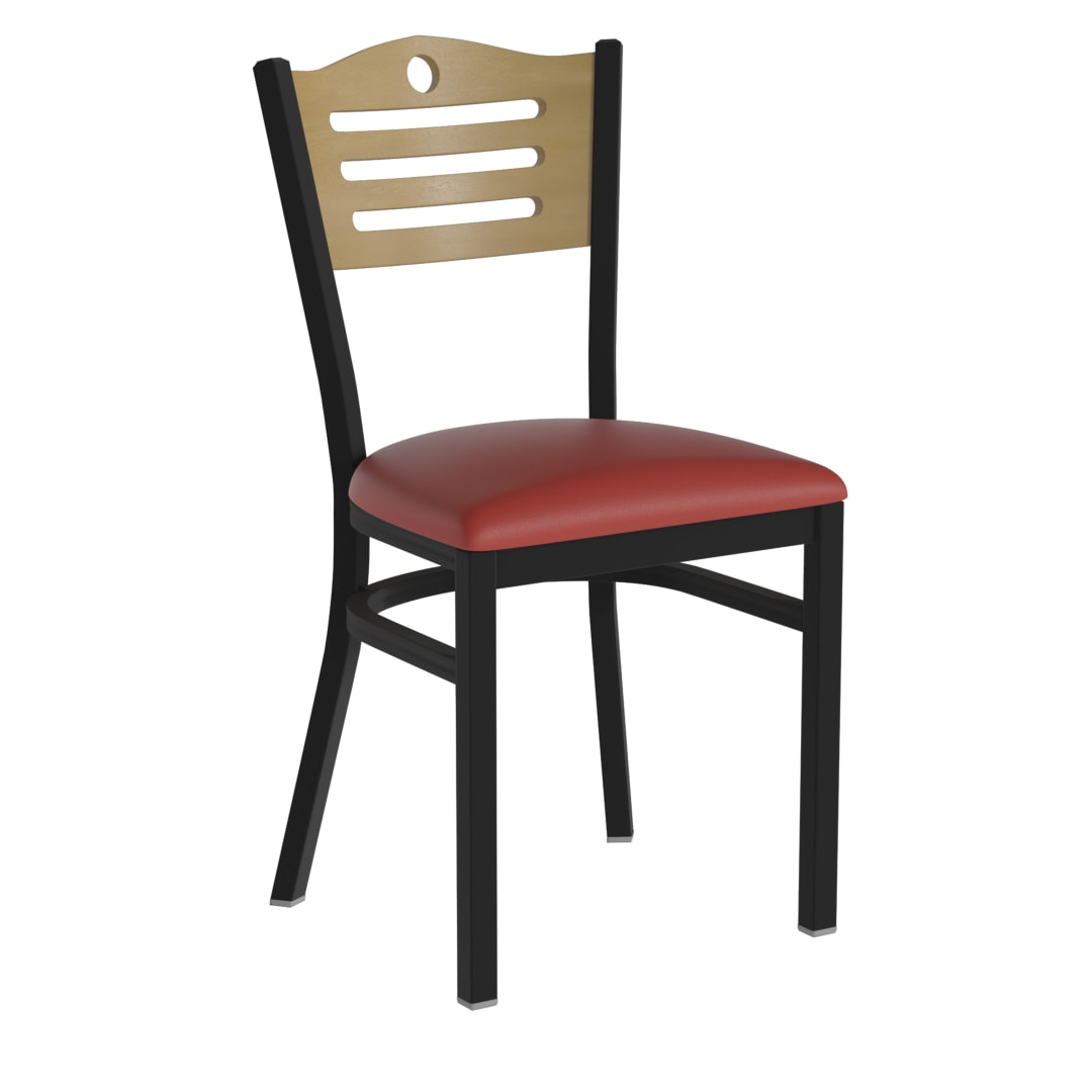 HERCULES Black Slat Back Metal Restaurant Chair - Natural Wood Back, Red Vinyl Seat