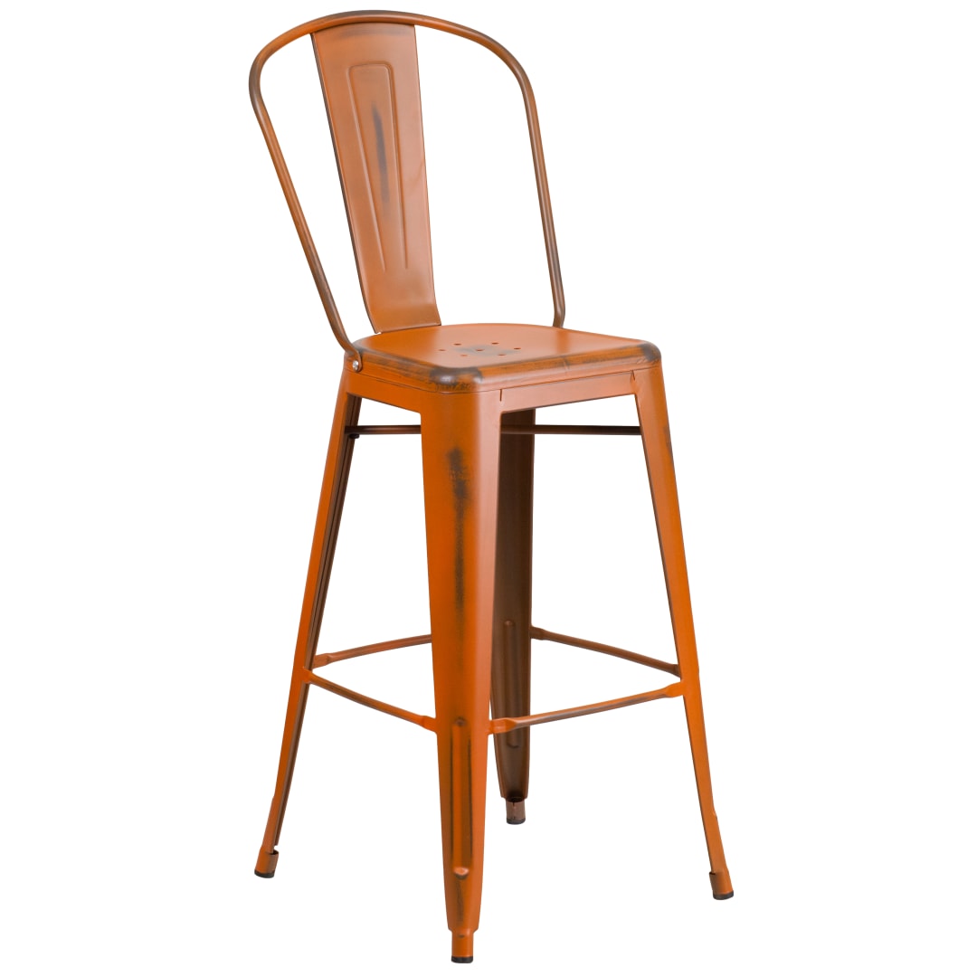 Cindy Commercial Grade 30" High Distressed Orange Metal Indoor-Outdoor Barstool with Back