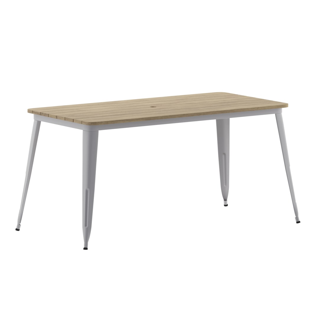 Declan Commercial Indoor/Outdoor Dining Table with Umbrella Hole, 30" x 60" All Weather Brown Poly Resin Top and Silver Steel Base