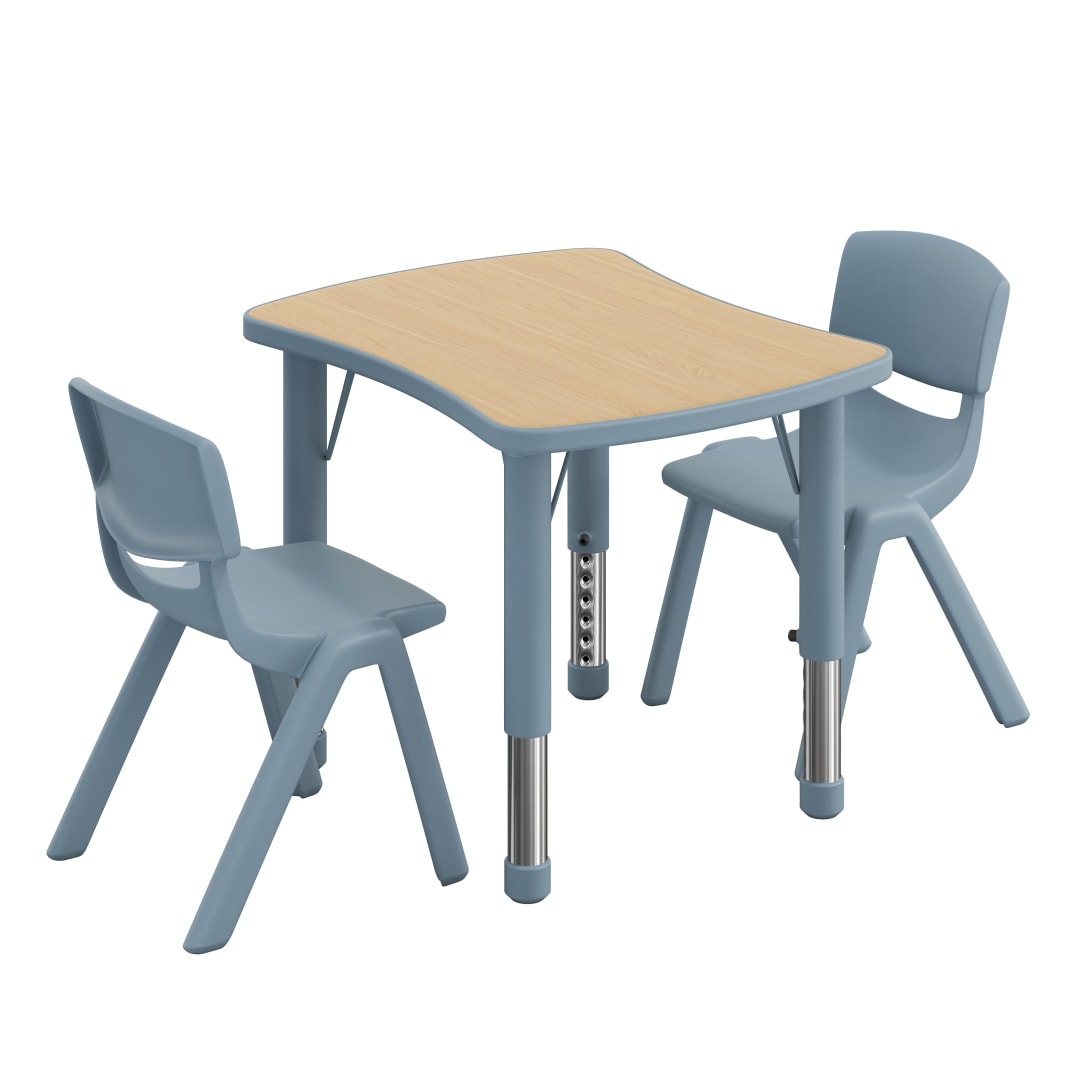 Emmy 3-Piece Kids Height Adjustable Activity Table Set, 26.5" x 21.75" Natural Woodgrain Laminate Top, Dusty Blue Frame, 2 Dusty Blue Chairs