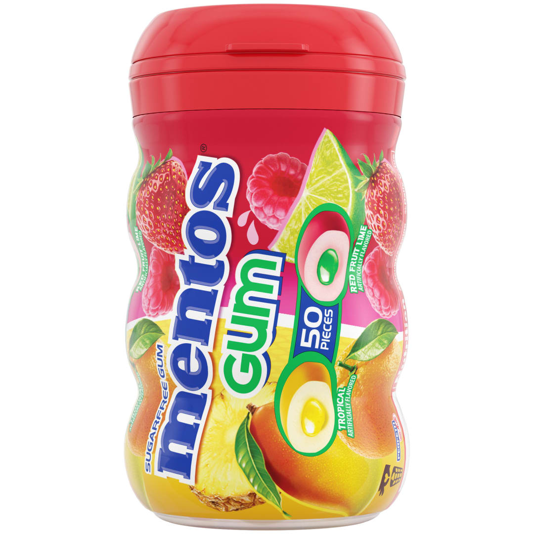 Mentos Gum Sugar Free Chewing Gum Red Fruit Lime & Tropical 50 pc Curvy Bottle
