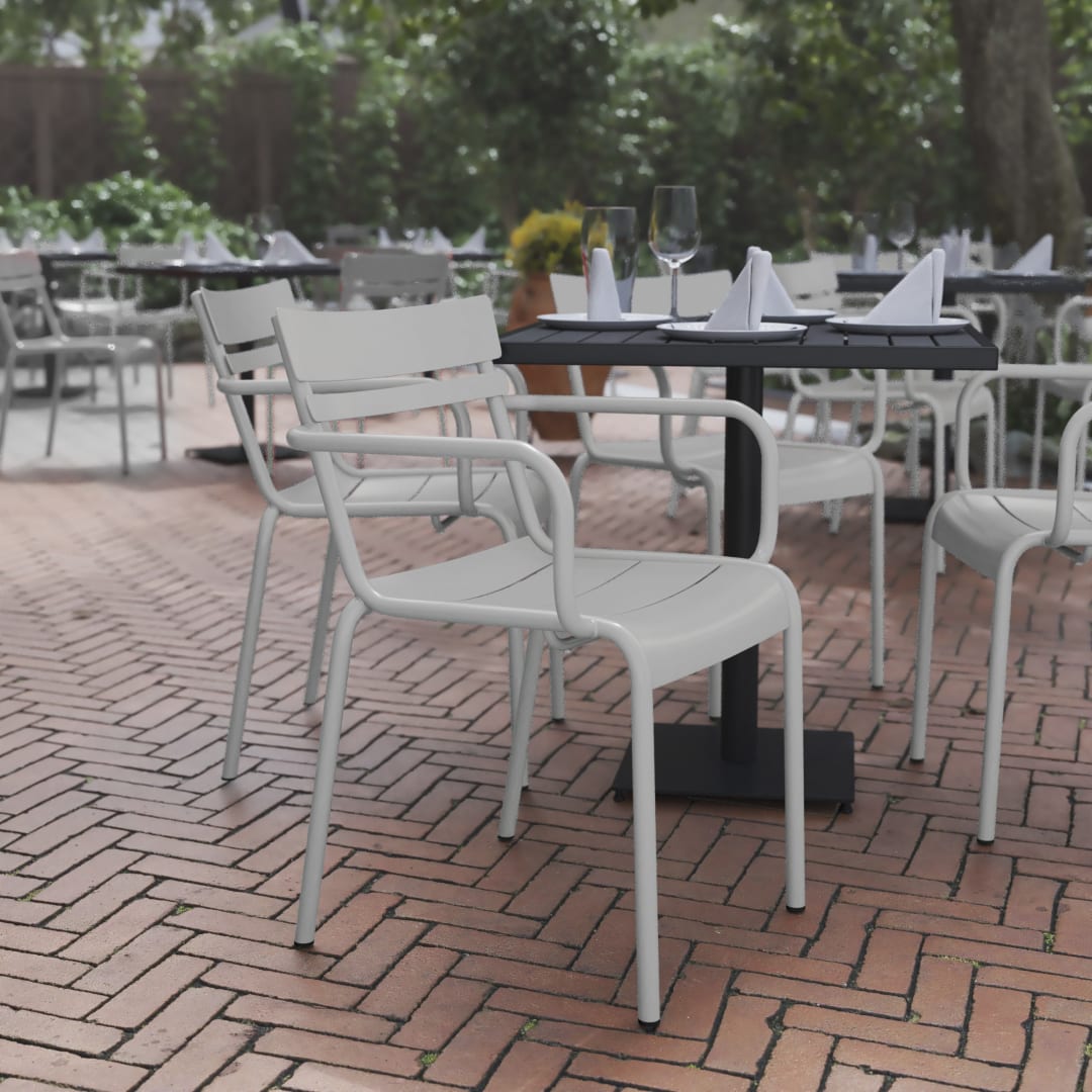 Nash Commercial Grade Silver Steel Indoor-Outdoor Stackable Chair with 2 Slats and Arms, Set of 2