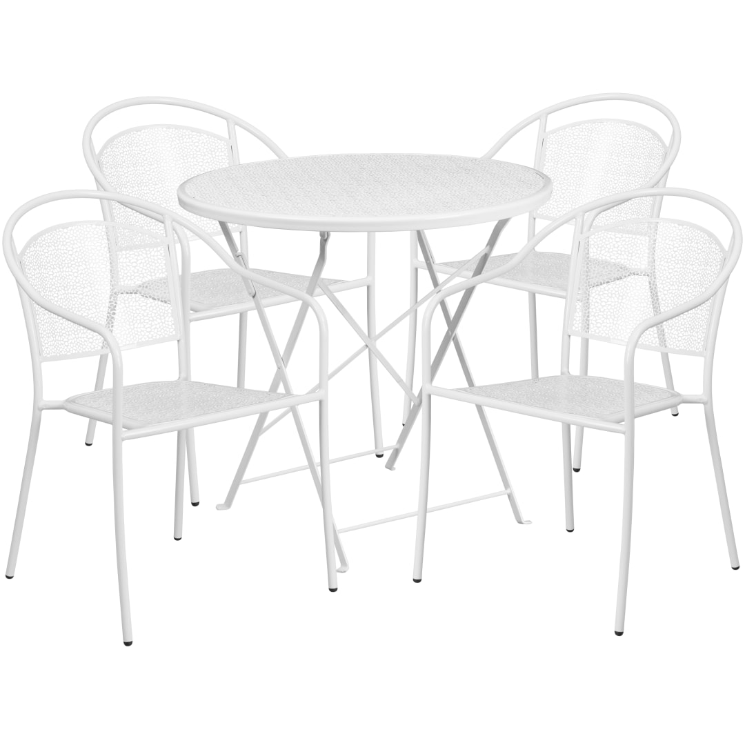 Oia Commercial Grade 30" Round White Indoor-Outdoor Steel Folding Patio Table Set with 4 Round Back Chairs