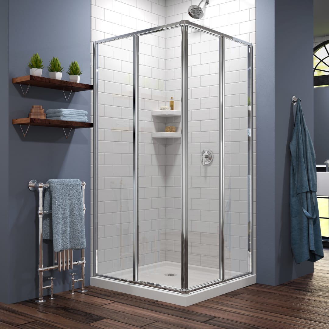 DreamLine Cornerview 36 inch D x 36 inch W x 74 3/4 inch H Framed Sliding Shower Enclosure in Chrome with White Shower Base Kit