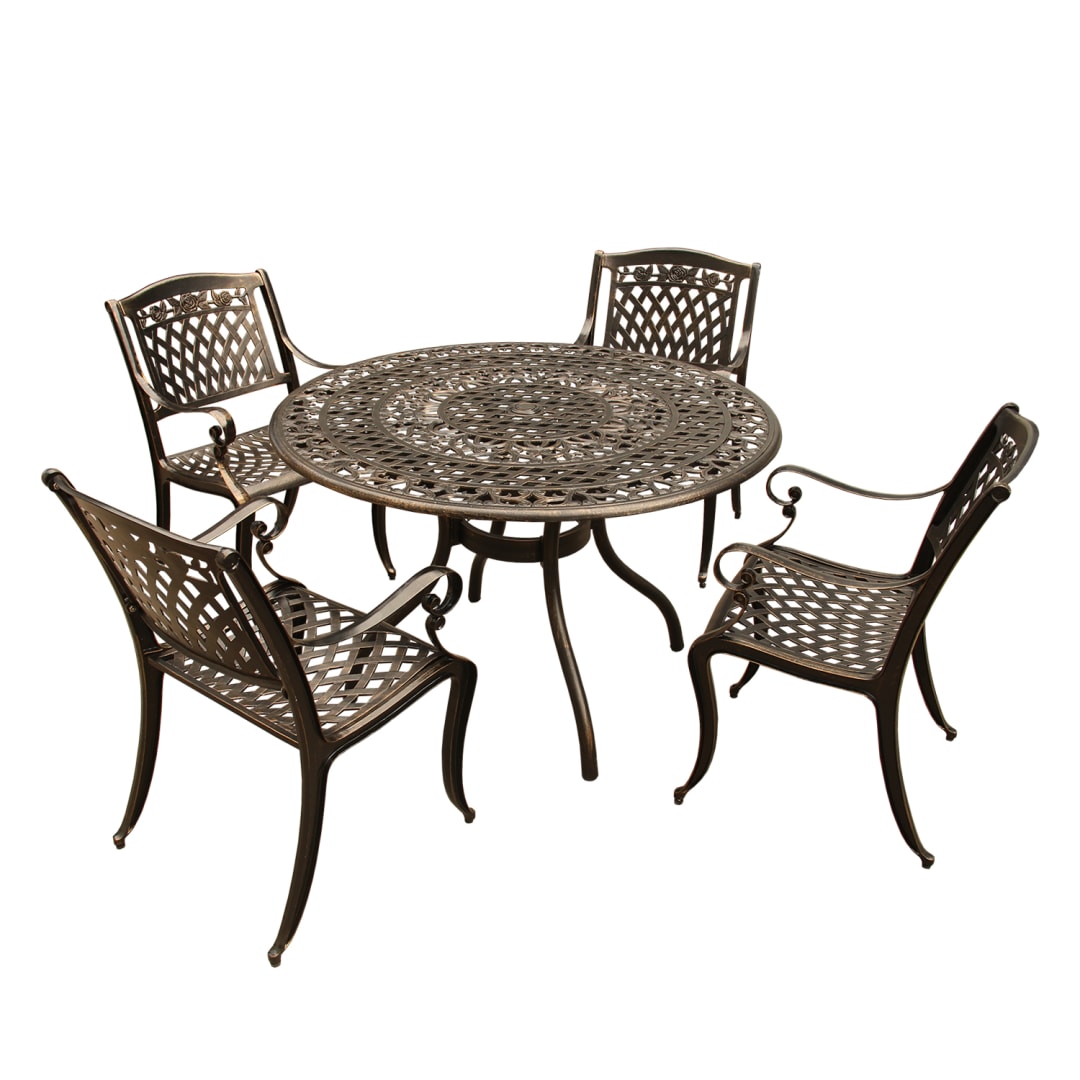 Rose Ornate Traditional Outdoor Mesh Lattice Aluminum 48 inch Bronze Round Dining Set with Four Chairs