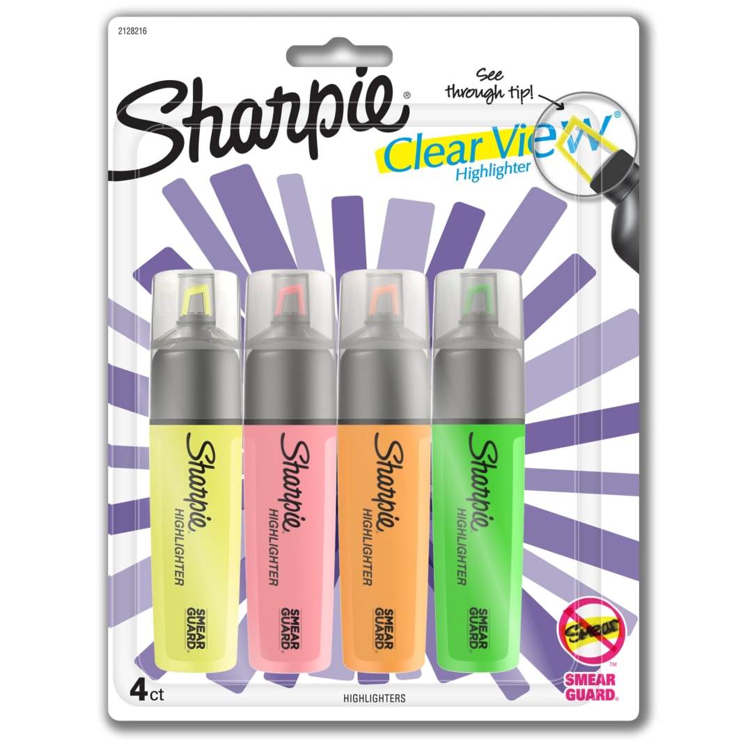 Sharpie® Highlighter, Clear View Highlighter with See-Through Chisel Tip, Tank Highlighter, Assorted, 4 Count