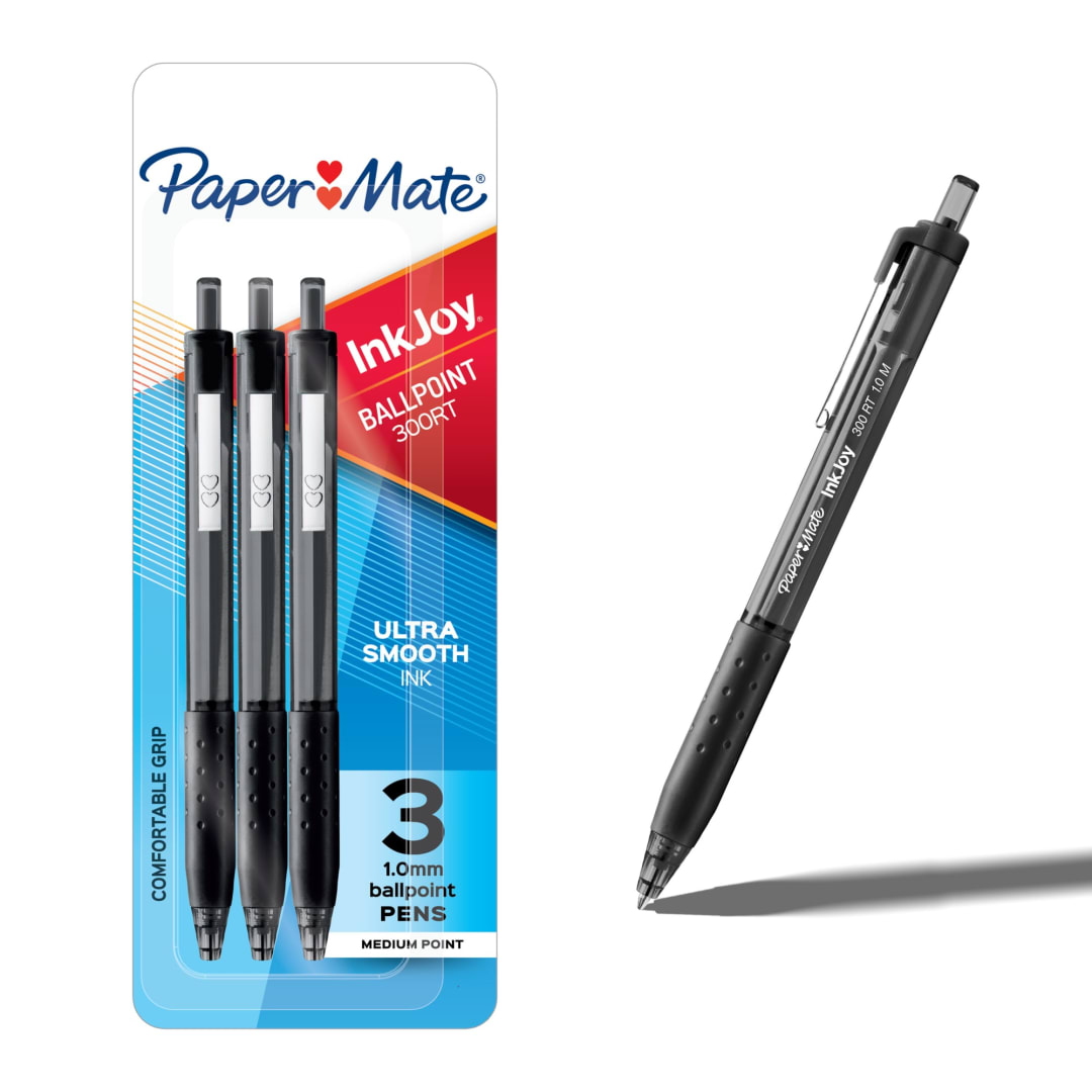Paper Mate InkJoy 300RT Retractable Ballpoint Pens, Medium Point (1.0mm), Black, 3 Count