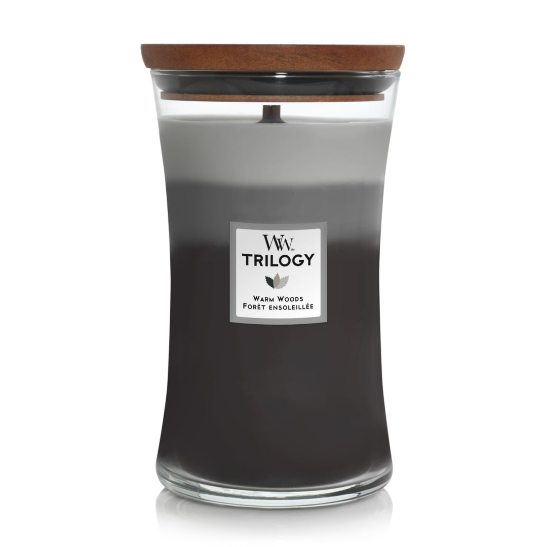 WoodWick® Large Hourglass Scented Trilogy Candle | Warm Woods | with Crackling Wick | Up to 130 Hours Burn Time