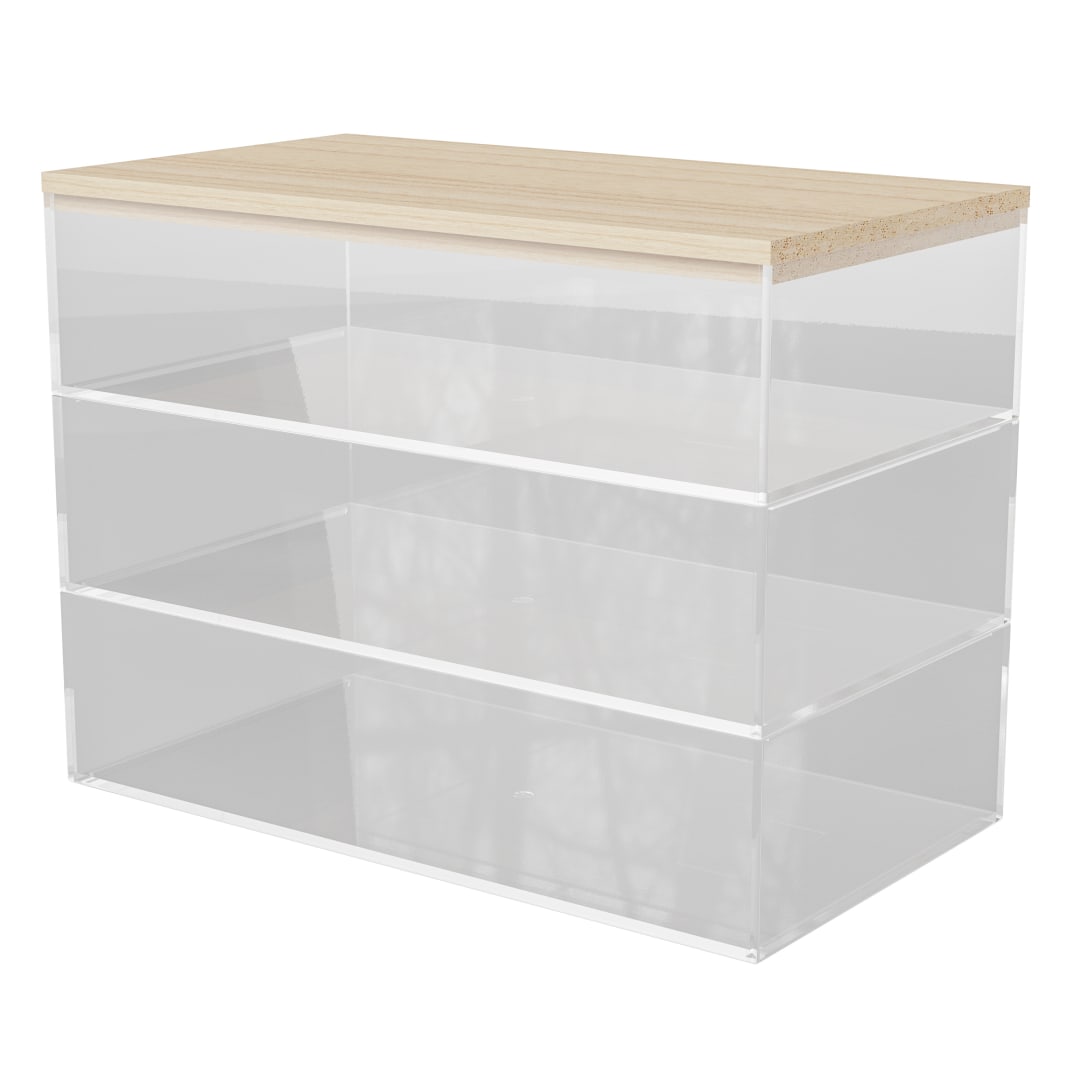 Brody Clear Plastic Storage Organizer Bins with Light Natural Paulownia Wood Lid for Home Office, Kitchen, or Bathroom, 3 Pack Medium 7.5" x 3"