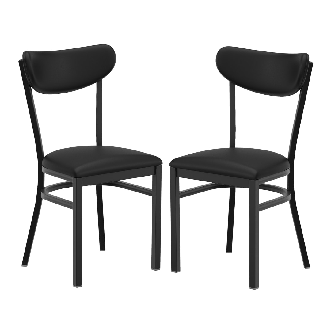 Wright Set of 2 Commercial Dining Chairs with 500 LB. Capacity Black Steel Frame, Black Vinyl Boomerang Back, and Black Vinyl Seat