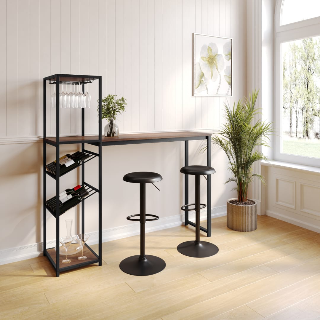 Jura Metal Bar and Wine Table with 2 Slanted Shelves for Bottle Storage and Hanging Glass Storage, Black Frame with Walnut Melamine Table Top