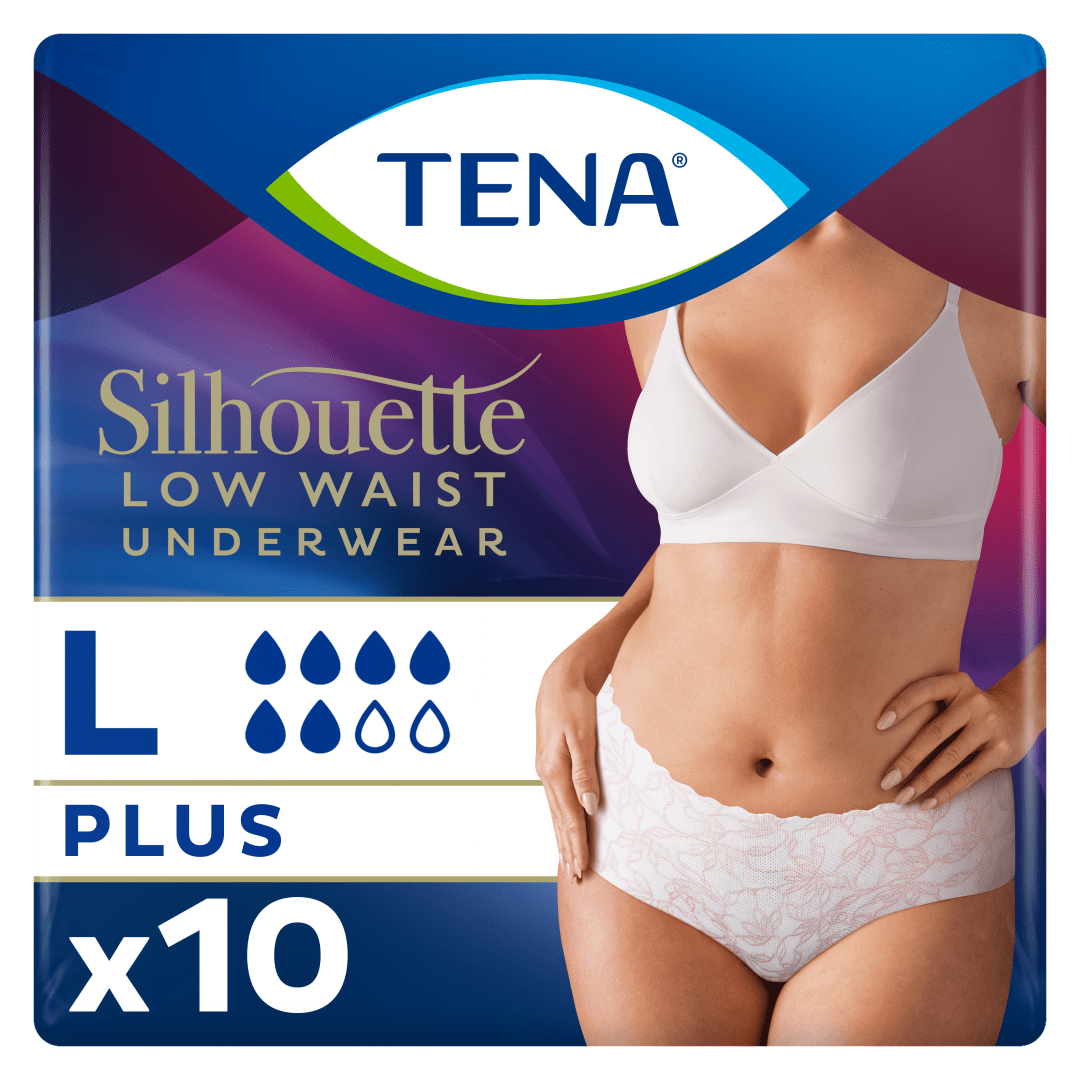 TENA Silhouette Plus Low Waist – Elegant Discreet Incontinence Underwear for Women, Moderate to Heavy Leakage Protection, Stylish Design &amp; Triple Protection, White, Large, Pack of 10