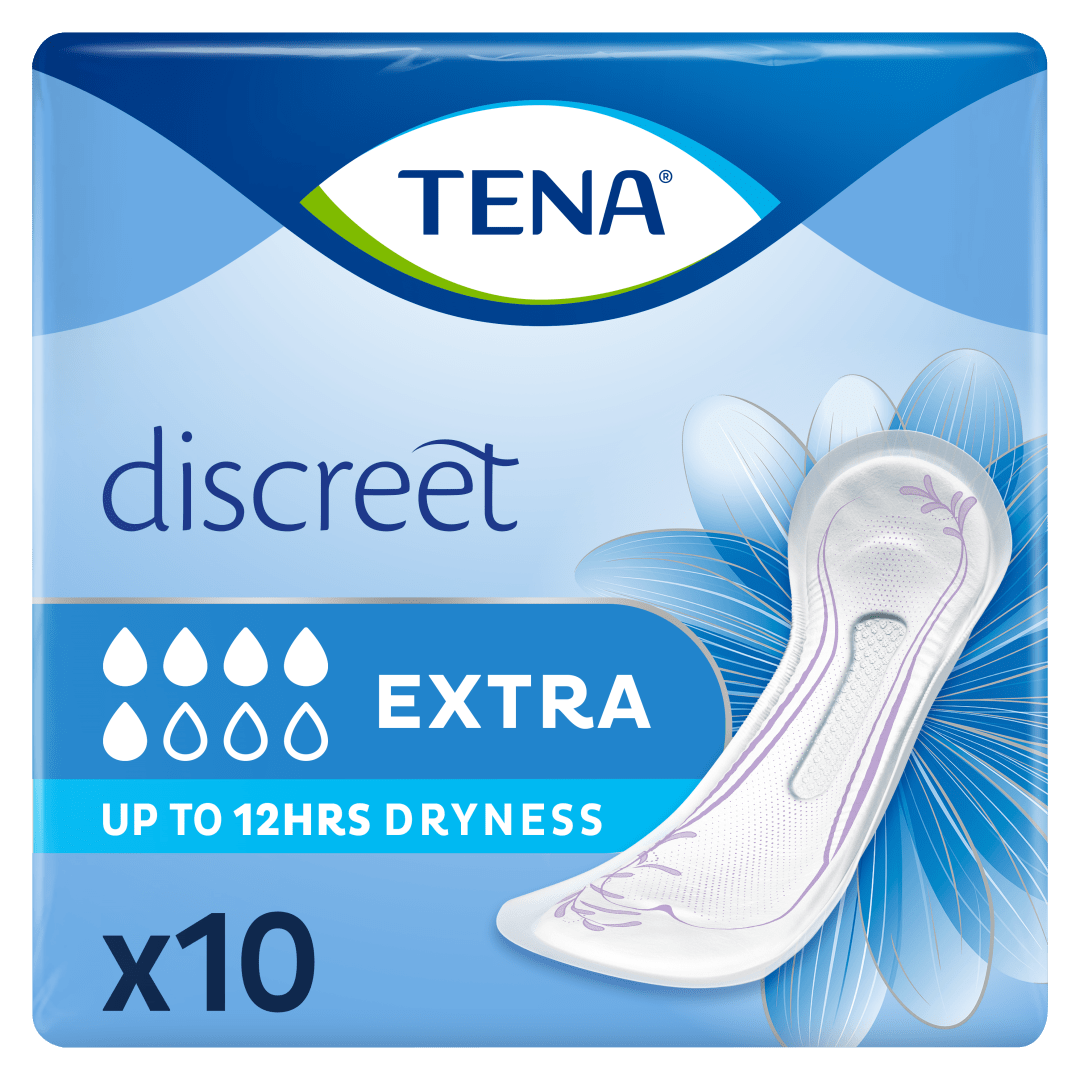 TENA Discreet Extra Incontinence Pads for Women - For Medium Bladder Weakness - Provides Triple Protection Against Leaks, Odour &amp; Moisture -  Long-Lasting Dryness Up to 12 Hours - Pack of 10