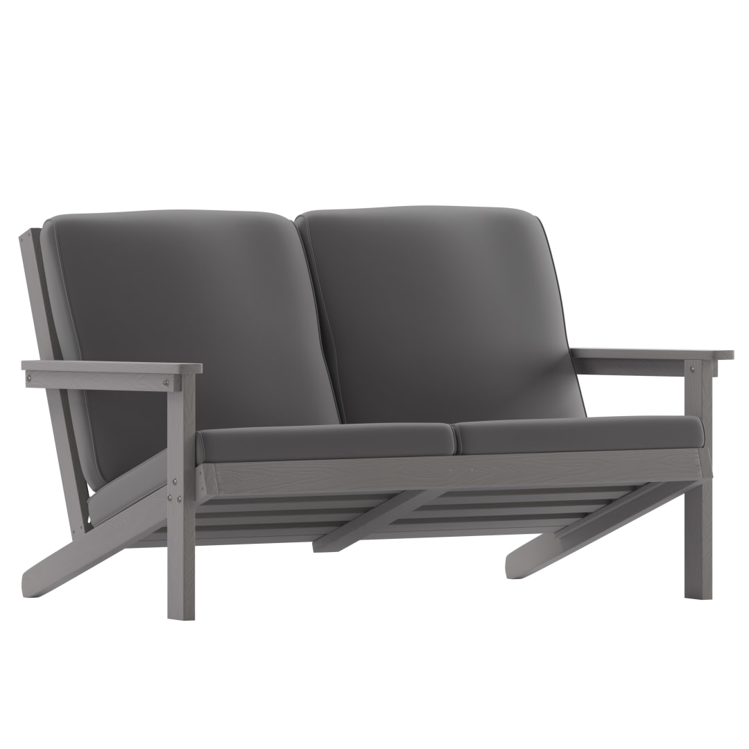 Charlestown All-Weather Poly Resin Wood Adirondack Style Deep Seat Patio Loveseat with Cushions, Gray/Gray