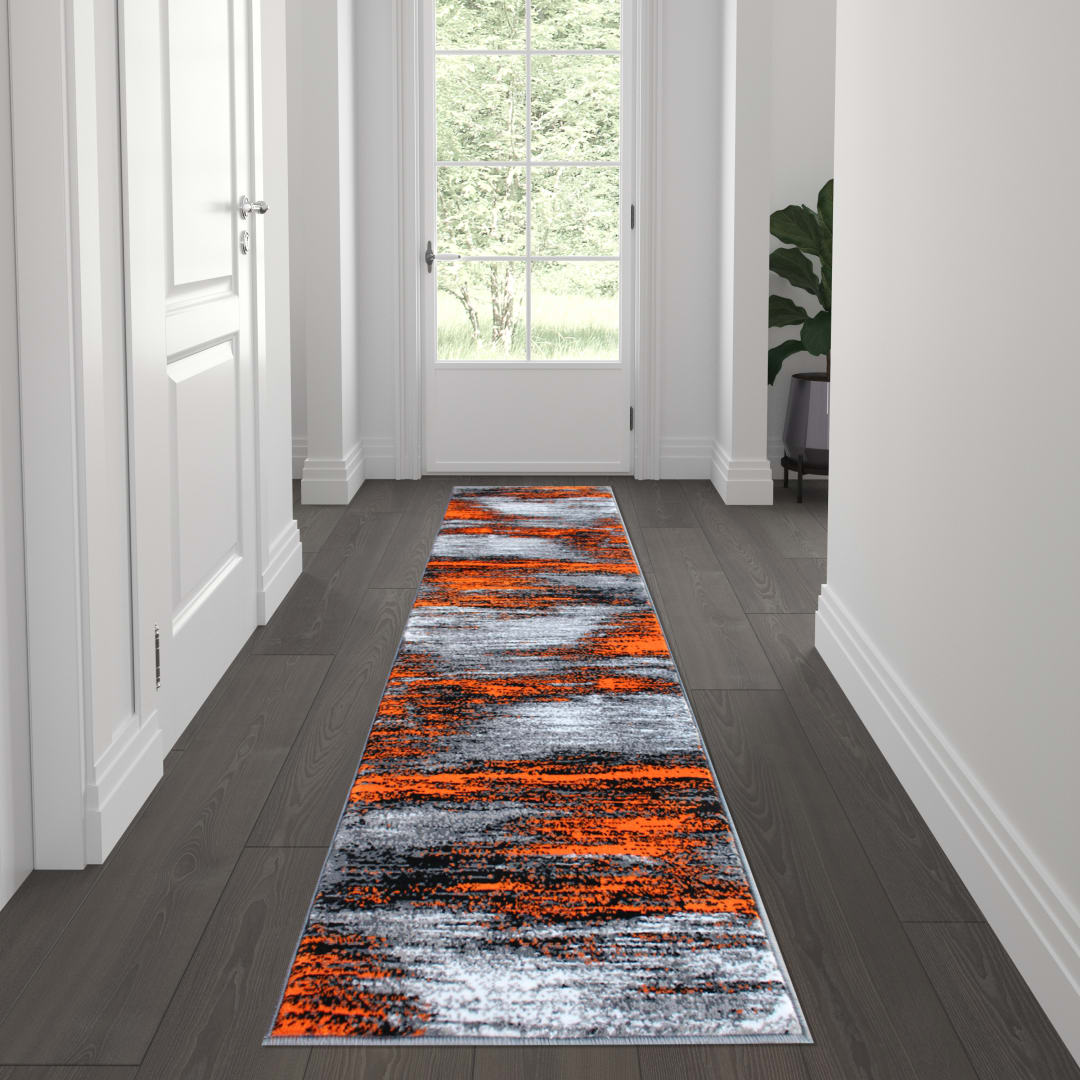 Rylan Collection 2' x 7' Orange Abstract Area Rug - Olefin Rug with Jute Backing for Hallway, Entryway, Bedroom, Living Room