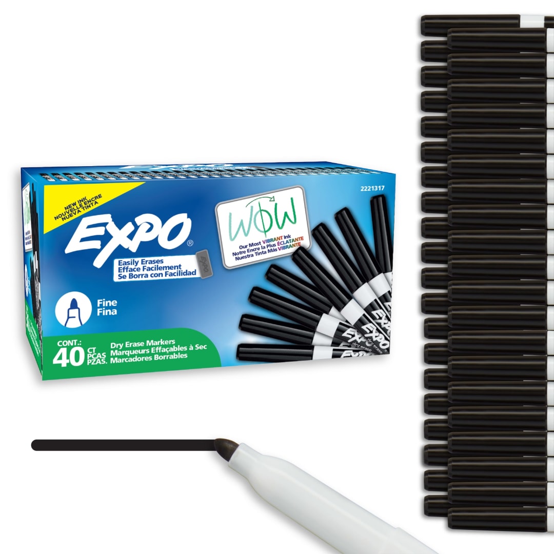 EXPO®Dry Erase Markers, Low Odor Ink, Black, Fine Tip, 40 Count