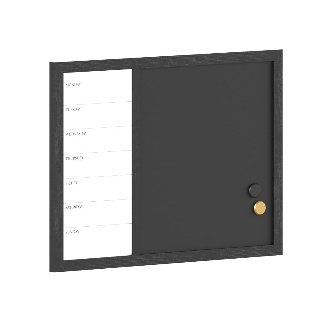 Everette 24"x18" Magnetic Weekly Calendar Dry Erase Board and Chalk Board with Liquid Chalk Marker and Magnets, Black Woodgrain Frame