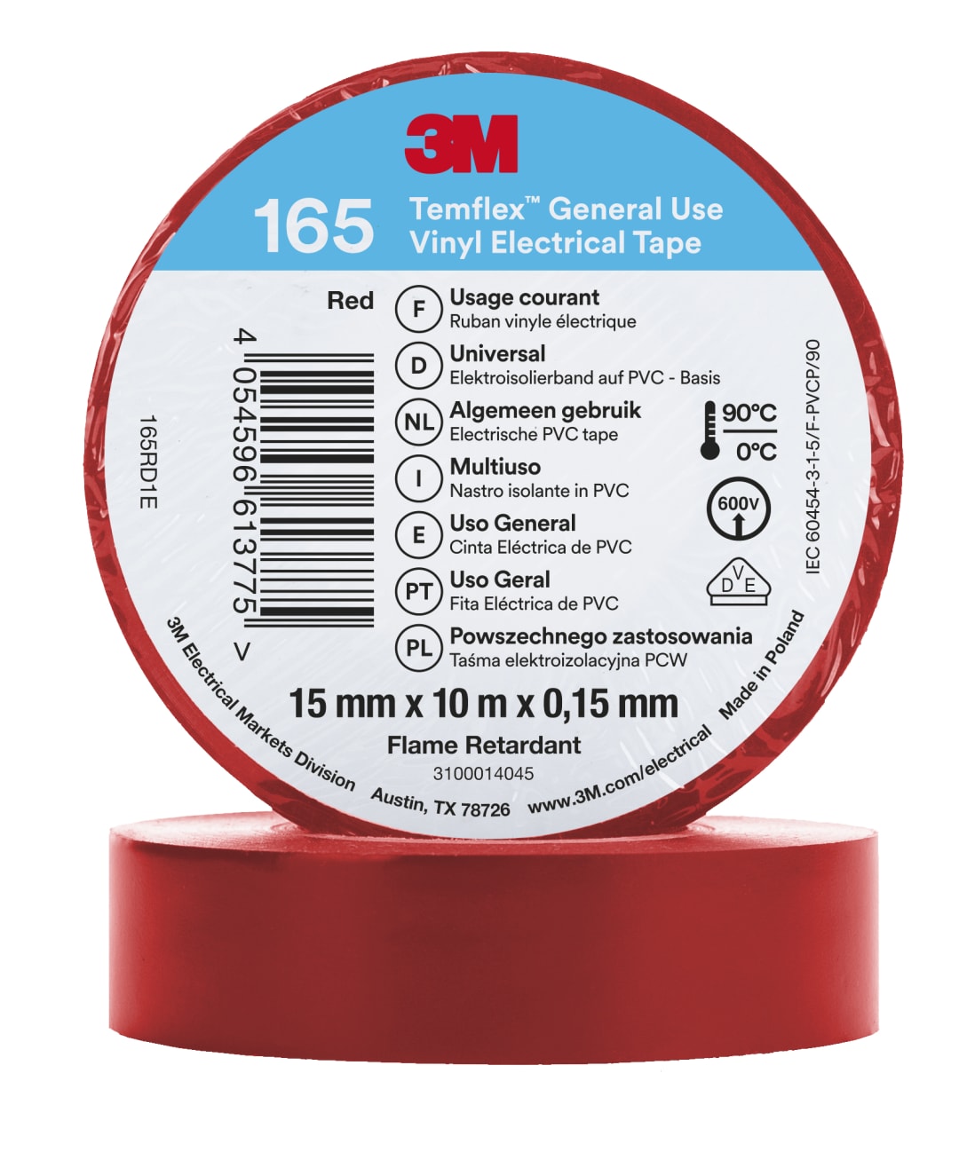 3M™ Temflex™ Vinyl Electrical Tape 165, Red, 15 mm x 10 m, 100 Rolls/Case