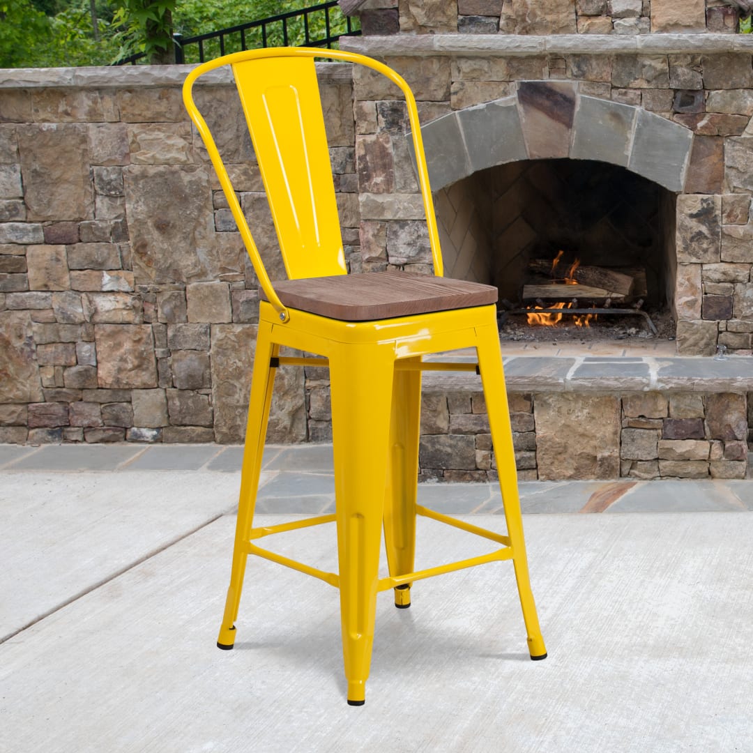 Lily 24" High Yellow Metal Counter Height Stool with Back and Wood Seat