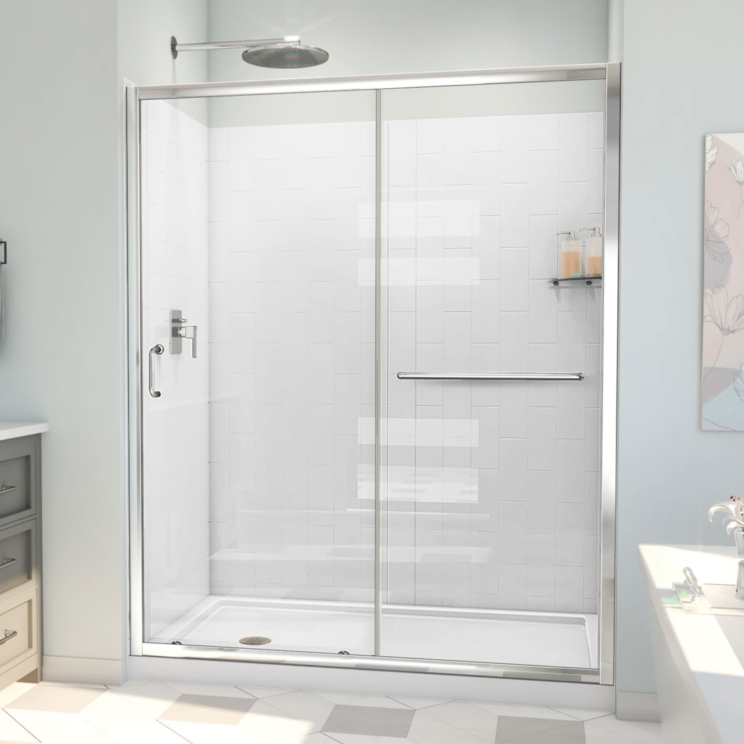 DreamLine Infinity-Z 34 inch D x 60 inch W x 78 3/4 inch H Semi-Frameless Sliding Shower Door in Chrome and Clear Glass, Left Drain Shower Base, and Wall Kit in White