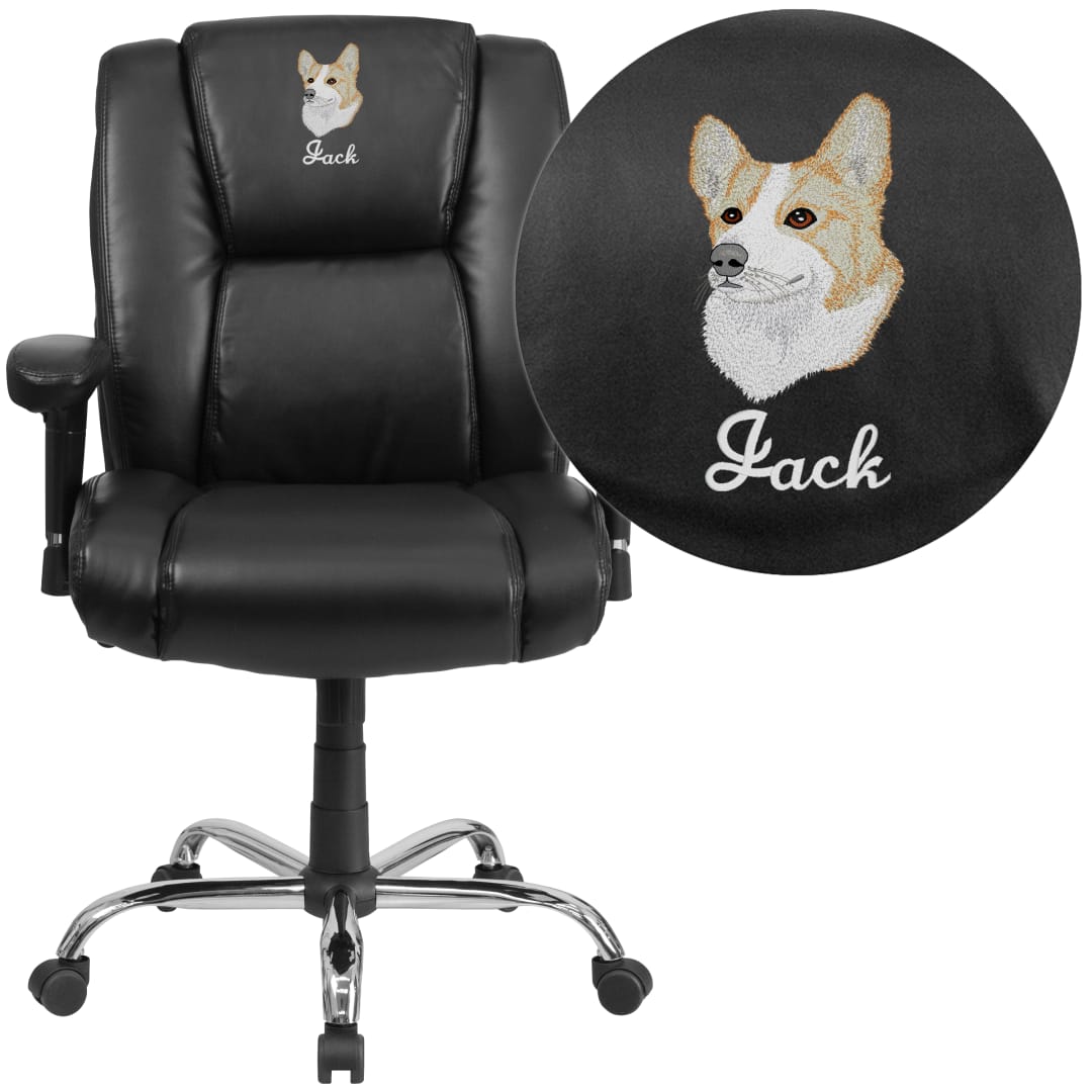 Embroidered HERCULES Series Big &amp; Tall 400 lb. Rated Black LeatherSoft Ergonomic Task Office Chair, Chrome Base &amp; Arms
