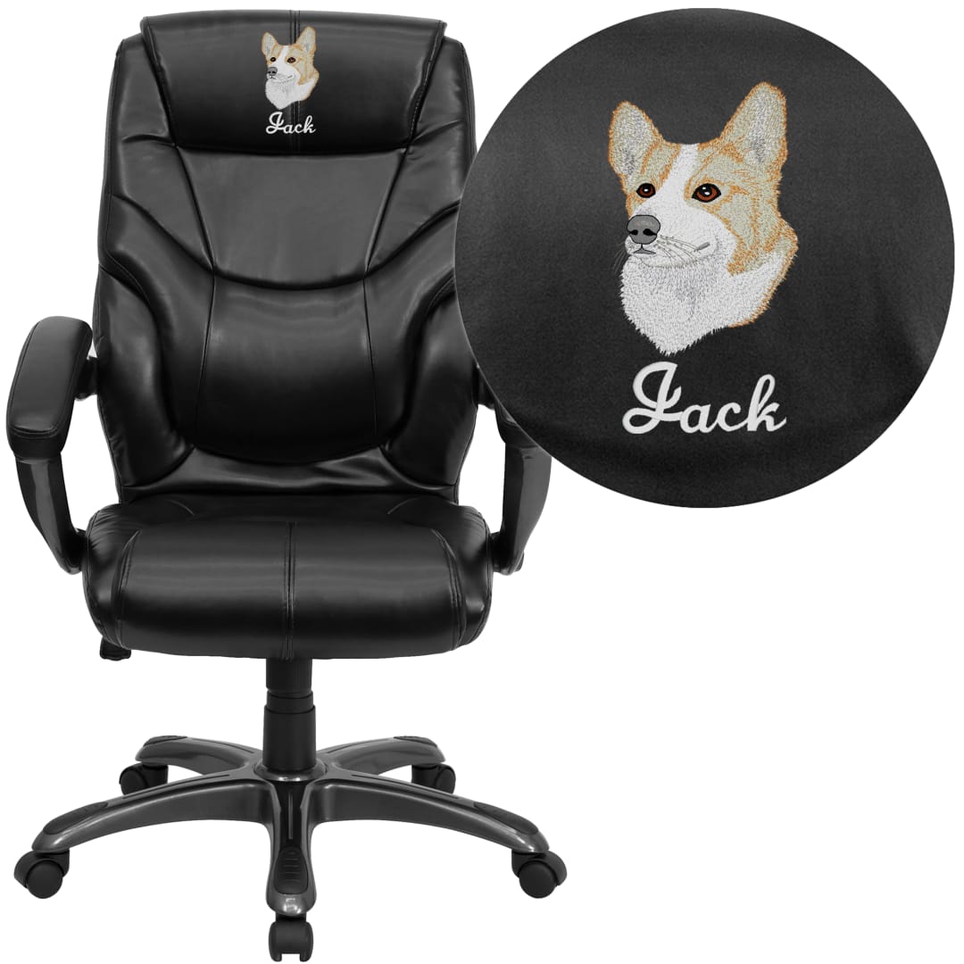 Greer Embroidered High Back Black LeatherSoft Overstuffed Executive Swivel Ergonomic Office Chair with Arms