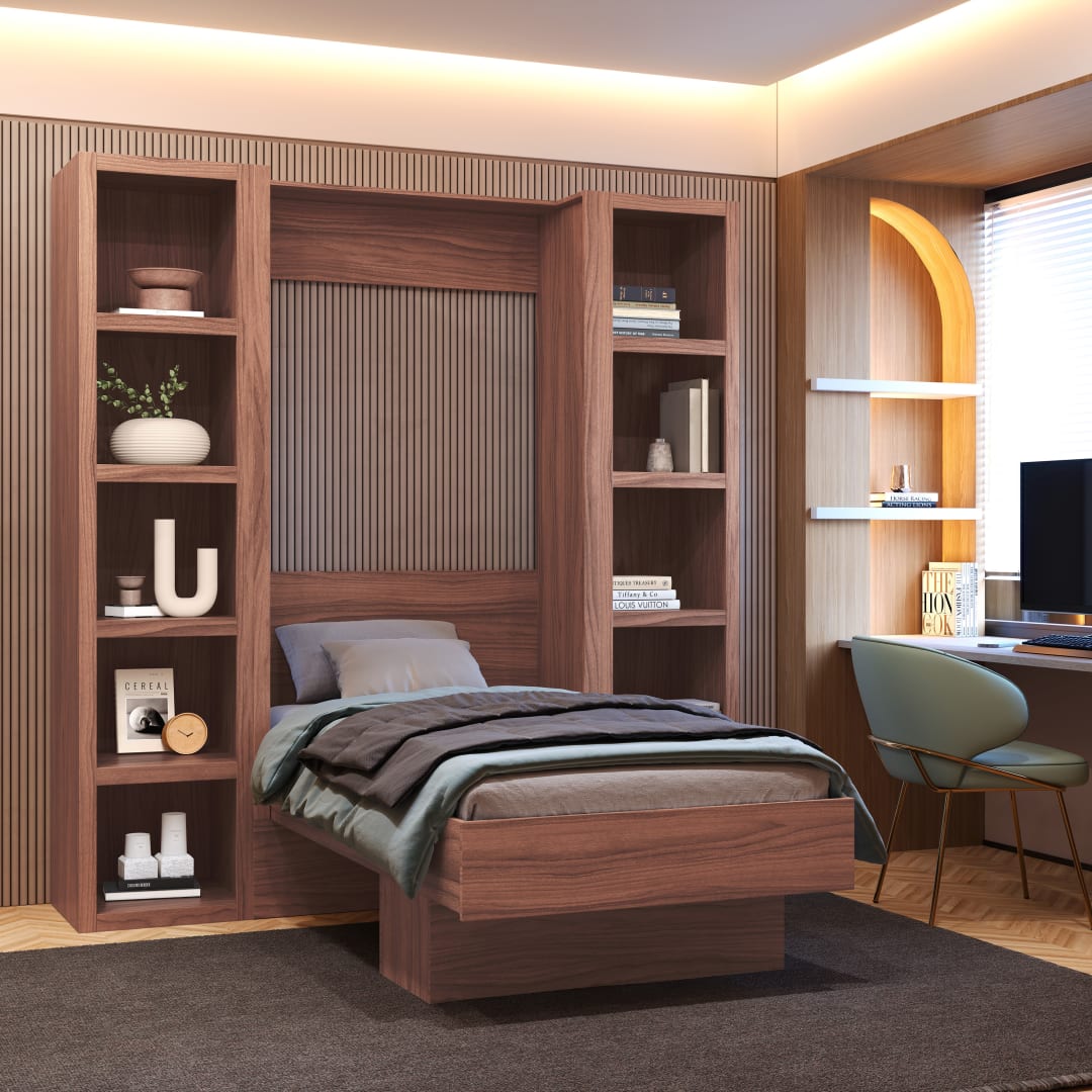 Easy-Lift Twin Murphy Wall Bed in Natural Brown Wood Grain with Two Bookshelves