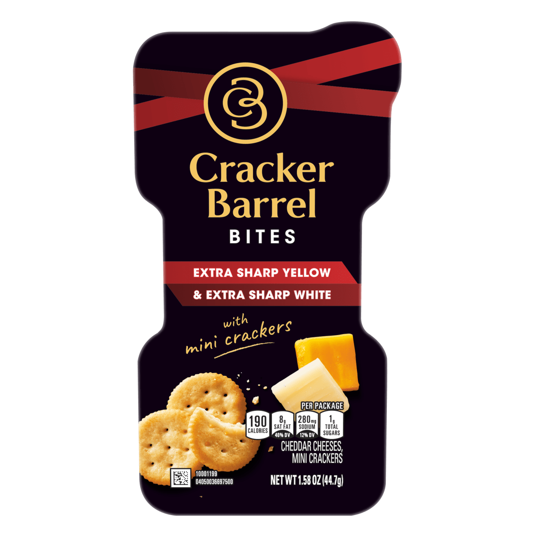 Cracker Barrel Bites Cheese Snacks Extra Sharp Yellow, White Cheddar With Butter Crackers, 1.58 oz Tray