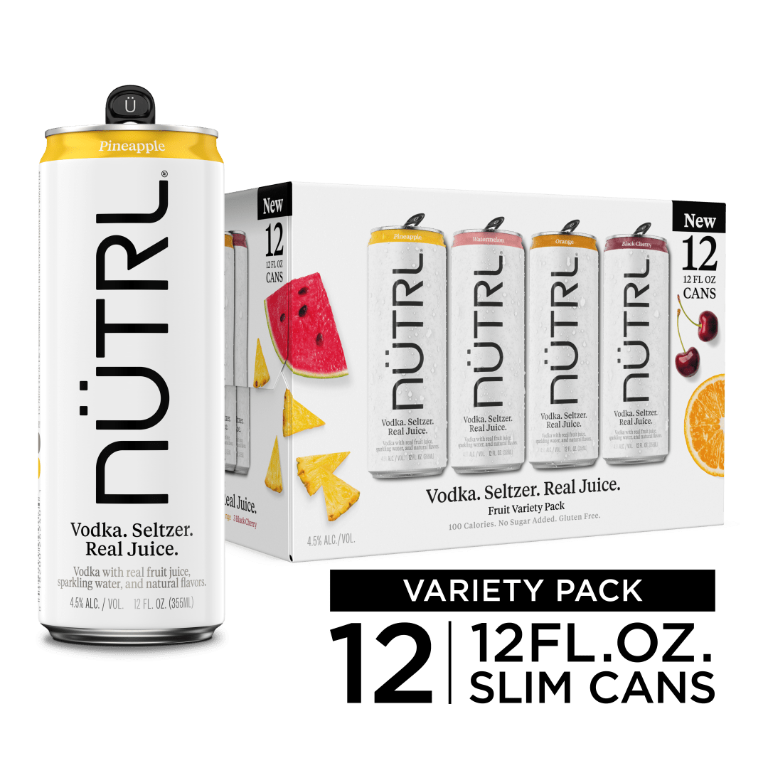 Nutrl Vodka Seltzer Fruit FOUR FLAVOR Variety Pack 12x12 oz Can Sleek Pack CARRIER - Spot UV - Includes Watermelon, Pineapple, Orange and Black Cherry - SL Coating