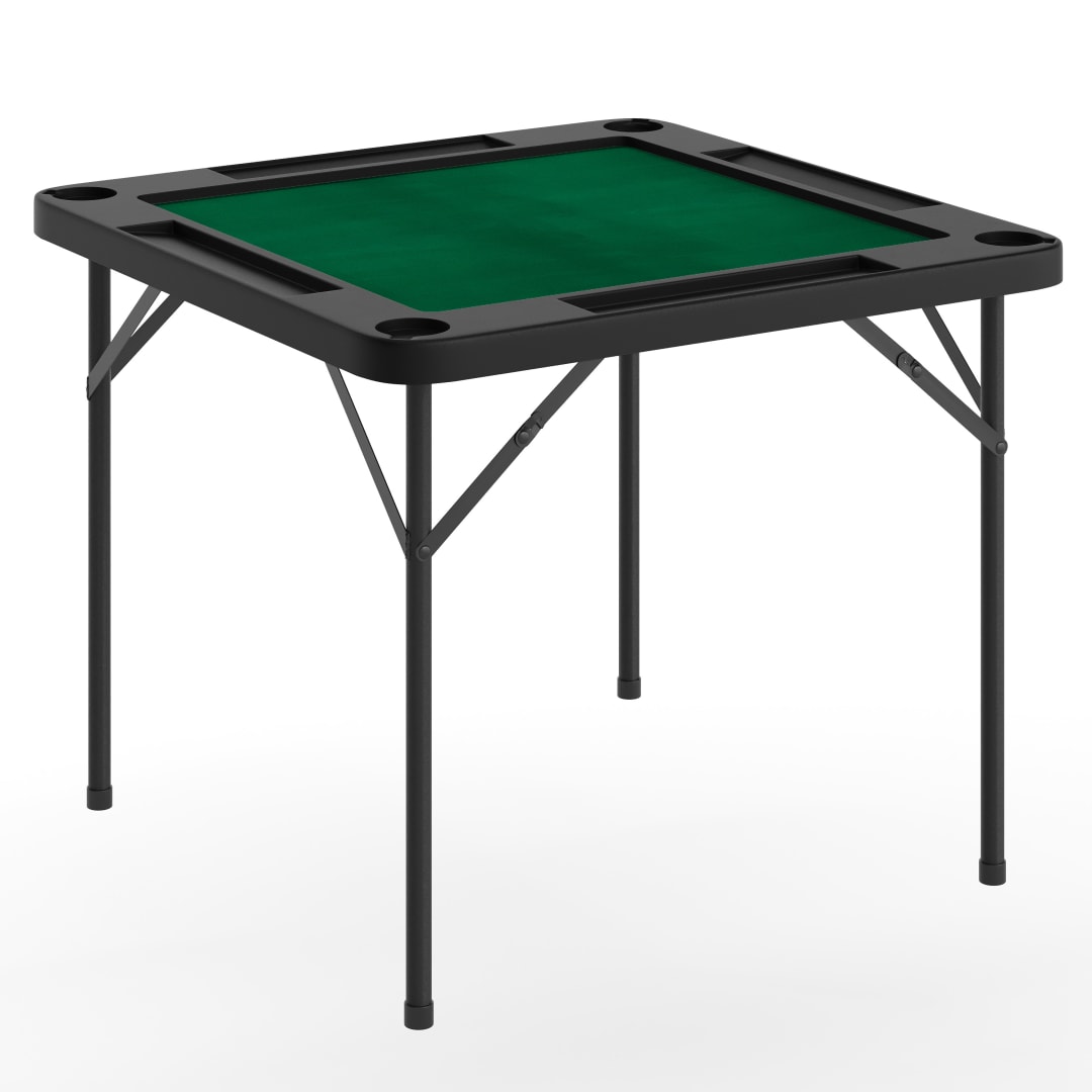 Silas 34.5" Square 4-Player Black Folding Card Game Table with Green Playing Surface and Cup Holders