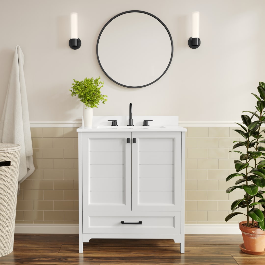 Haven 30" Bathroom Vanity with Sink, Storage Cabinet with Black Hardware, Soft Close Doors and Bottom Drawer, Carrara Marble Finish Countertop, White