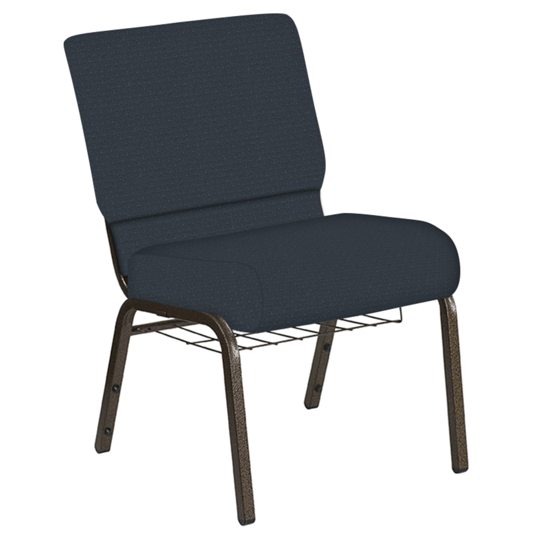 Embroidered 21''W Church Chair in Venus Blue Azure Fabric with Book Rack - Gold Vein Frame