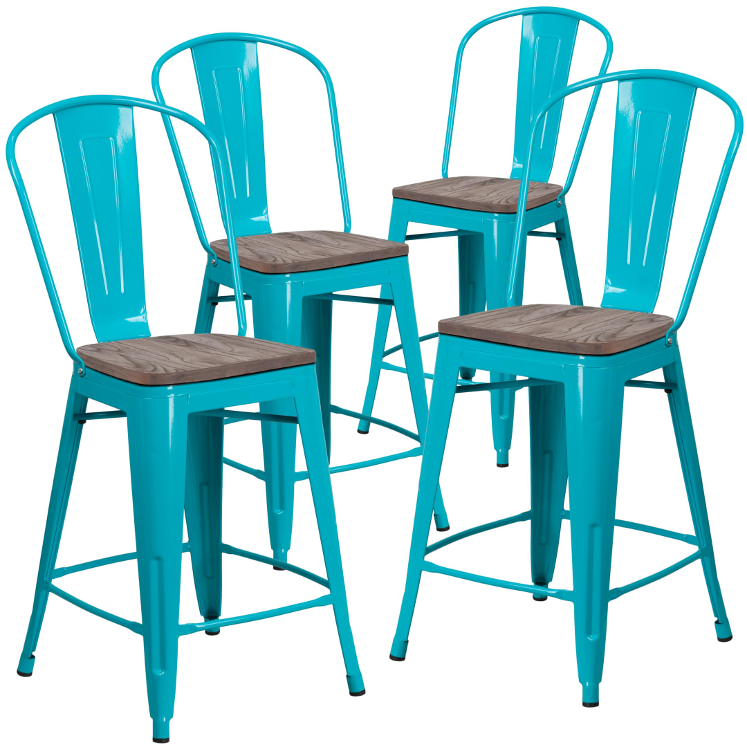 Blake 4 Pk. 24" High Crystal Teal-Blue Metal Counter Height Stool with Back and Wood Seat