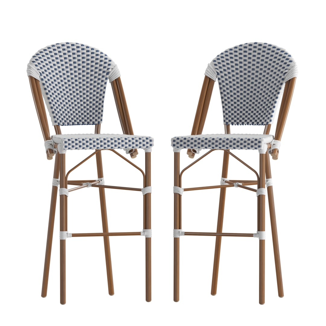 Lourdes Set of 2 Stackable Indoor/Outdoor Bistro 30" High Barstools, Commercial Grade, White/Navy and Bamboo Finish