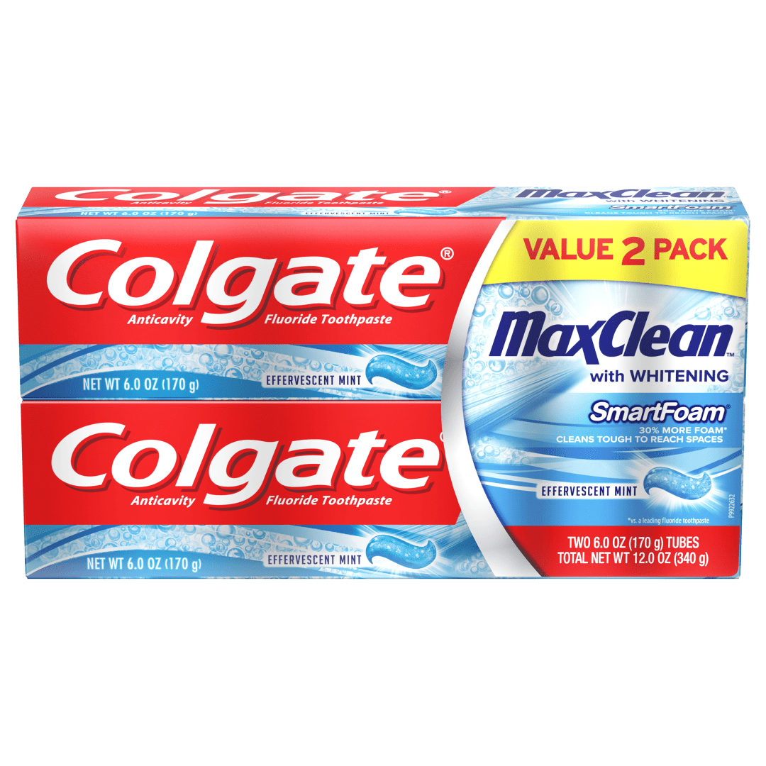 Colgate Max Clean with Whitening Foaming Toothpaste, Effervescent Mint - 6 Ounce (2 Pack)