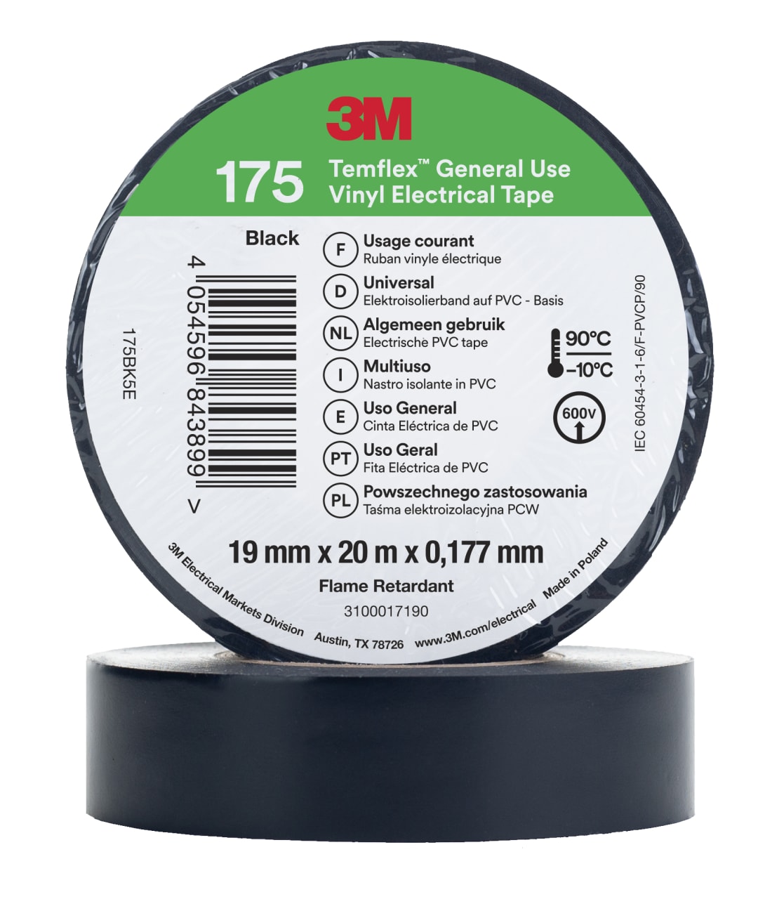 3M™ Temflex™ Vinil Elektrik Bandı 175, Siyah, 19 mm x 20 m