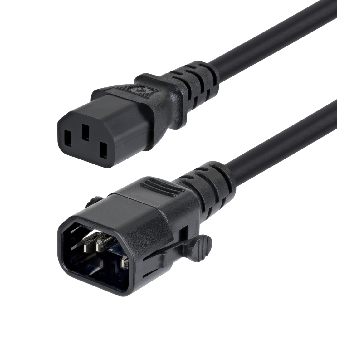 C14 Locking to C13 Power Cord, 18AWG, 10A, 250V, Black, 10ft