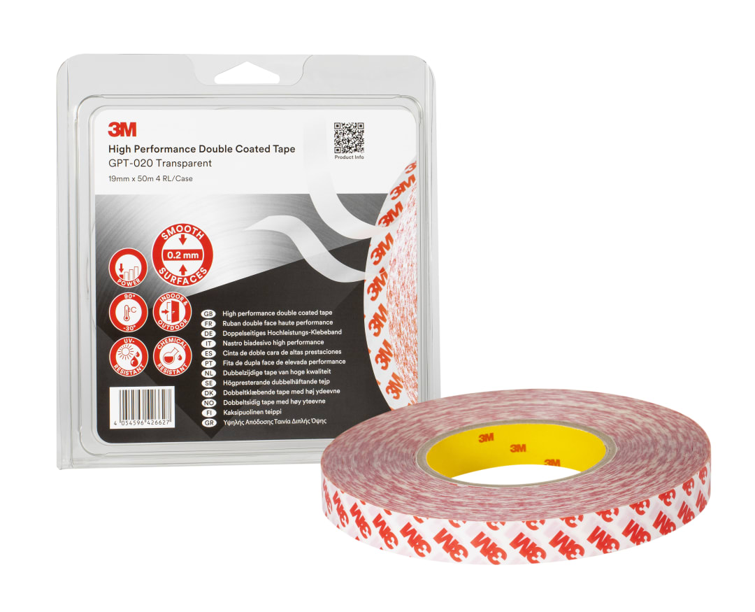 3M™ Double Coated Tape GPT-020P, Transparent, 19 mm x 50 m, 0.2 mm, 4 rolls/case