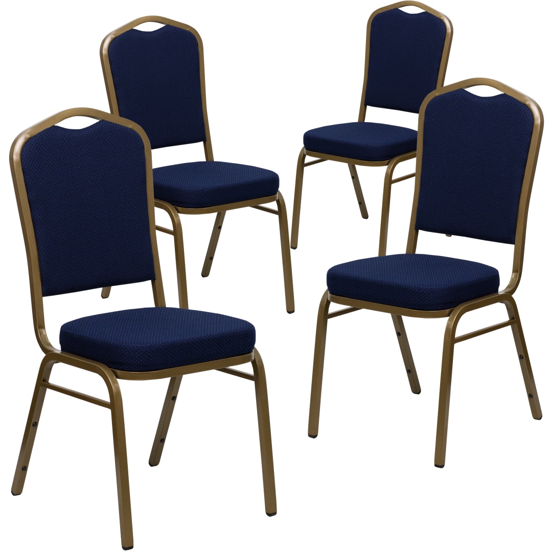4 Pack HERCULES Series Crown Back Stacking Banquet Chair in Navy Blue Patterned Fabric - Gold Frame