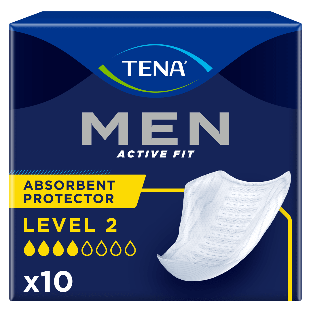 TENA Men Active Fit Absorbent Protector Level 2 – Incontinence Pads for Men, Medium Urine Leakage, 4mm Thin, Triple Protection Against Leaks, Odour &amp; Moisture, Secure &amp; Comfortable Fit - Pack of 10