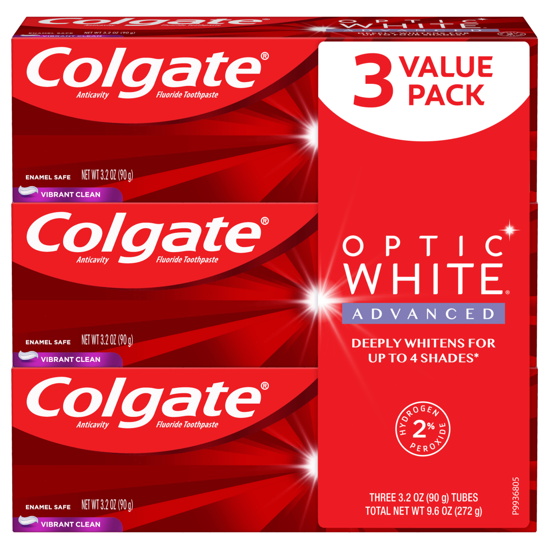 Colgate Optic White Advanced Teeth Whitening Toothpaste, Vibrant Clean - 3.2 Ounce (3 Pack)
