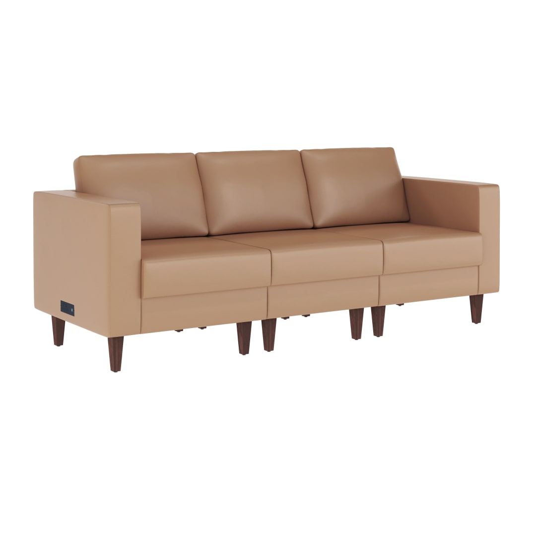 HERCULES Artemis Cognac LeatherSoft Reception Sofa with 4 AC Outlets/2 USB/2 USB-C Ports and Solid Wood Walnut Legs with Adjustable Floor Glides