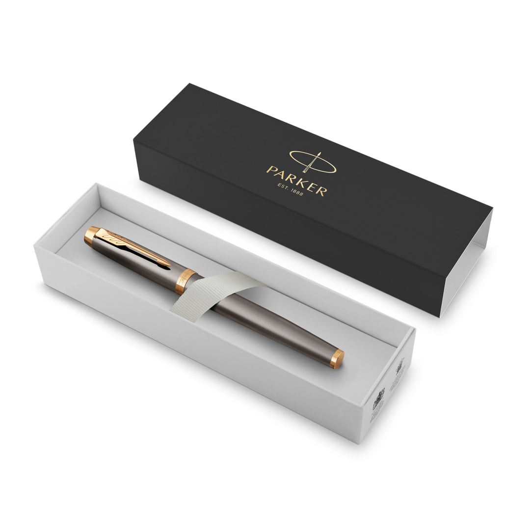 Parker IM Bolígrafo roller | lacado gris con adornos dorados | punta fina de acero inoxidable | estuche de regalo