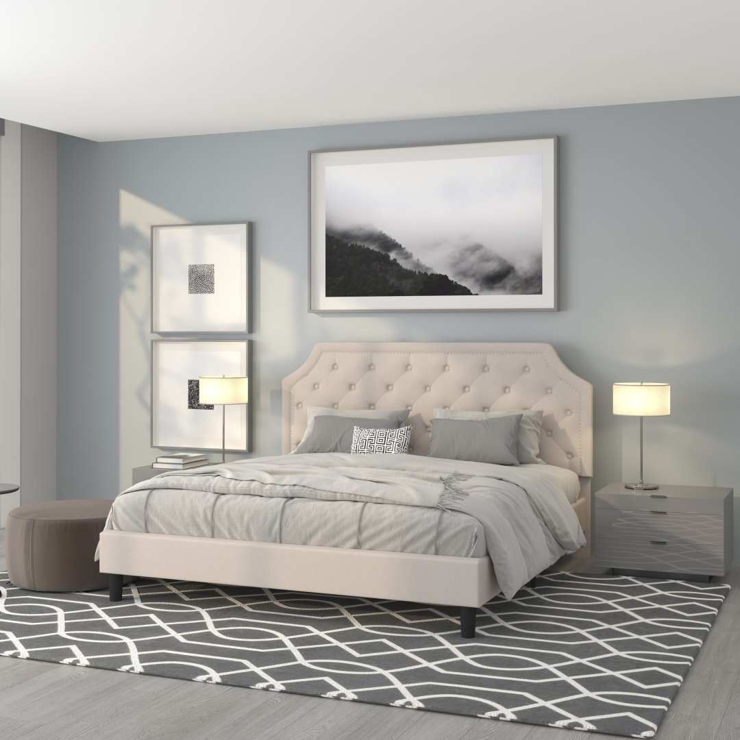Brighton King Size Tufted Upholstered Platform Bed in Beige Fabric