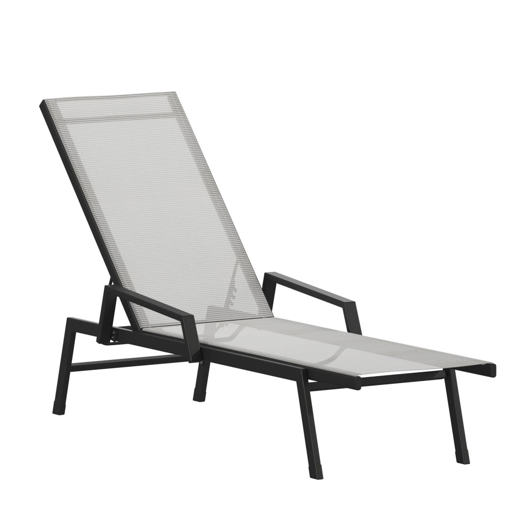 Brazos Adjustable Chaise Lounge Chair with Arms, All-Weather Outdoor Five-Position Recliner, Black/Gray