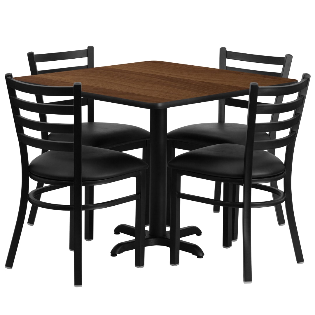 Carlton 36'' Square Walnut Laminate Table Set with X-Base and 4 Ladder Back Metal Chairs - Black Vinyl Seat