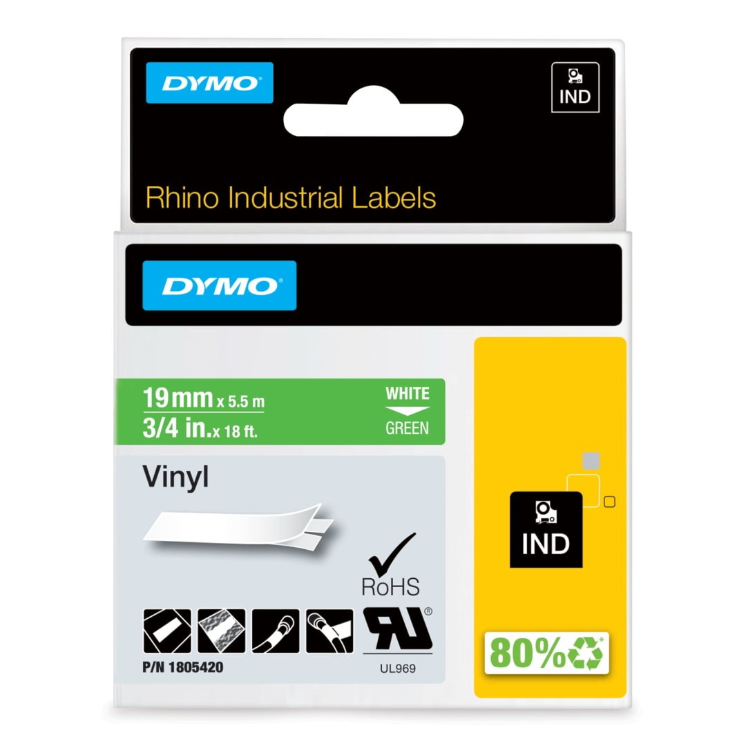 DYMO® Rhino Industrial Vinyl Labels, 3/4", White Print on Green Tape