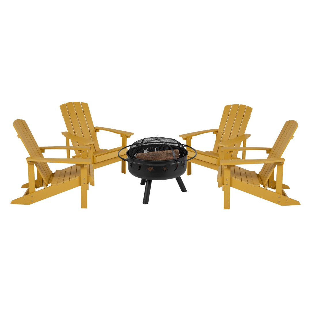 5 Piece Charlestown Yellow Commercial Poly Resin Wood Adirondack Chair Set with Fire Pit - Star and Moon Fire Pit with Mesh Cover